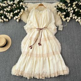 Casual Dresses Retro Elegant Pleated Sleeves PATCHWORK Dress Beach Vacation Women A-LINE Fashion Summer