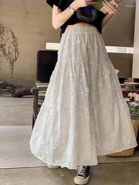 Skirts Summer Korean Fashion White Embroidery Flower Party Long Women Casual Pleated A-line High Waist Umbrella Skirt All-match