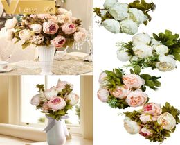 13 HeadsBouquet Artificial Flowers silk flower European Fall Vivid Peony Fake Leaf Wedding Home Party Decoration6389553