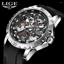 Wristwatches LIGE Men Mechanical Watches Fashion Casual Waterproof Automatic Movement Watch Silicone Hollow Tourbillon Luminous Clock Box