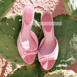 Lovely Pink Bow Dots Slippers Women Open Toe Print Satin Shoes With Exposed Stitching Girl Luxury Casual Mid Heels Sweet Slides 240419