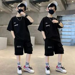 Clothing Sets 2024 Summer Teenager Boys Clothes Casual Solid Thin Kids Tracksuit Children Set Black T Shirt Short Pant Pocket 5 6 7 12 Year
