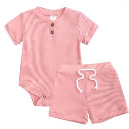 Clothing Sets Kids Boys And Girls Set Summer Solid Short Sleeve Round Neck Romper Lace Up Shorts Party Birthday School Long