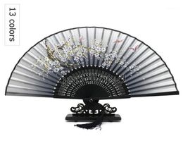 Whole 50pcslot Folding Hand Fan Fabric Floral Bamboo Pocket Fan Mariage Wedding Box Decor16398258