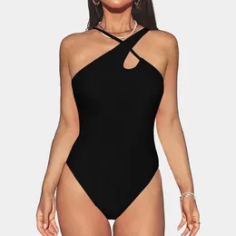 Women's Swimwear Sexy Suspender Single Shoulder Jumpsuit Solid Colour Bikini Swimsuit Cross Halter Monokini Women 1 Piece Summer