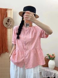 Women's Blouses Sweet Short Sleeve Stand Collar Cotton Linen Shirt Women 2024 Summer Top