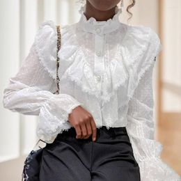 Women's Blouses Fashion Ruffle Stitching Long Sleeve Shirts Elegant Lace Chiffon Blouse Loose Korean Style Stand Collar Pleated Top Blusas