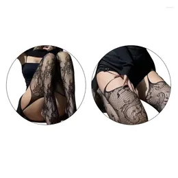 Women Socks Sheer Fishnet Pantyhose Floral Jacquard Patterned Suspender Tights Sexy Hollow Out Crotchless Thigh High Stockings