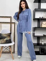 Women's Two Piece Pants Casual Autumn Knitted Sets V-neck Long Sleeve Single Breasted Loose Cardigan&Straight Leg Trousers Set
