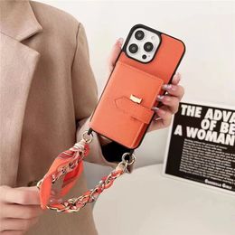 Originla Material Leather Silk Wristband Chain 4 Pocket Card Cover For iPhone 15pro 15promax 15 14pro 14 13Promax 13 12 Designer Luxury Filp Wallet Shockproof Case