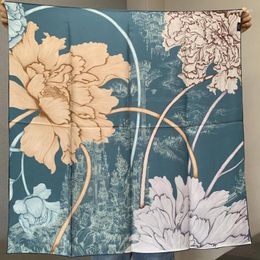 Scarves Floral 90 Silk Scarf Neckercheif Double Sided Peony Printed Womens Fashion Elegant Head Hijab For Hair Wrapping