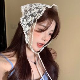 Korean Lace Hair Scarf Women Retro Triangle Band Strap Bag Headscarf Hat Travel Po Headband Turban Accessorie 240430