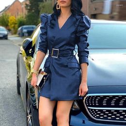 Casual Dresses Women's Leather Mini Dress A Line With Belt Bubble Sleeve Pu Fashion Slim Fit 2024