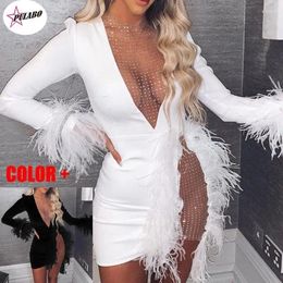 Casual Dresses PULABO V Neck Feather Diamond Sexy Dress White Black Women Long Sleeve Autumn Winter Club See Through Mini Party Female