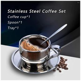 Cups Saucers 3 Pieces Stainless Steel Handheld Mini Coffee Milk Tea Juice Cup Saucer Mugs Set With Spoon Teacup Beverages Supplies