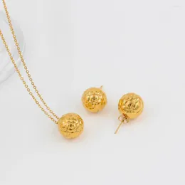 Necklace Earrings Set Minimalist High Quality Stainless Steel Jewelry Round Ball Shape Pendant Fashion Textured Ear Stud Rust Proof