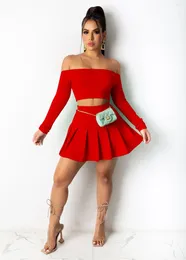 Work Dresses Birthday Outfits Women Dress Sets Raglan Sleeve Slash Neck T Shirt Suit Sexy Crop Top Ladies Pleated Mini Two Piece Set