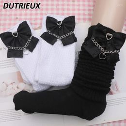 Women Socks Kawaii Girls Handmade Mine Ruffled Bow Love Pendant Long Bunching Sweet Cute All-matching Solid Colour Calf High Stocking