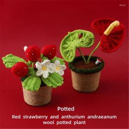 Decorative Flowers Hand-Knitted Strawberry Potted Plant And Red Palm Wool Desk Wine Cabinet Simulation Decoration Flower