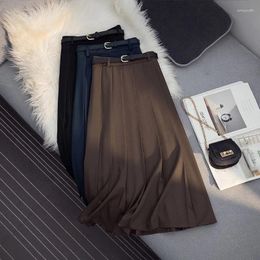 Skirts Pleated Harajuku Vintage Women Casual Office Lady Belt A Line Girl Fashion Clothes Streetwear All Match High Waist Female Skirt