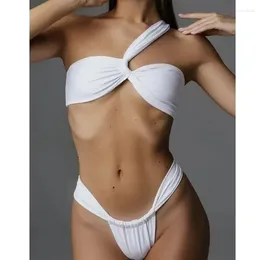 Women's Swimwear White Micro Bikini 2024 Brazilian Biquini Bandeau Padded Thong Swimsuit Women One Shoulder Bathing Suit Female Summer Beach