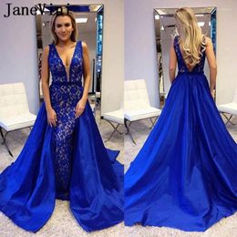 Party Dresses JaneVini Sexy Mermaid Royal Blue Long Prom With Detachable Train Deep V Neck Beaded Open Back Satin Gala Dress Plus Size