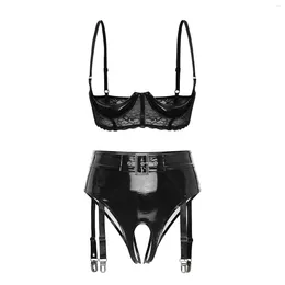Bras Sets Womens Patent Leather Sexy Lingerie Set 1/3 Cup Underwired Lace Bra Top And High Waist Open Crotch Thong With Garter Clips Suit