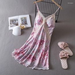 Women's Sleepwear Sexy Hanging Pajamas Thin Ice Silk Pajama Dress With Breast Pads Lace Edge Shorts Two Piece Set