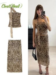 Fashion Leopard Print Maxi Skirt Suits For Women Sexy Off Shoulder Halter Pleated Tops Sets 2024 Chic Female Night Party Outfits 240418
