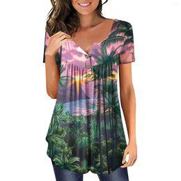 Women's T Shirts 2024 Summer Beach Shirt For Women Button Short Sleeve Tunic Loose Plus Size Tops Leave Print Blouse Top Fashion