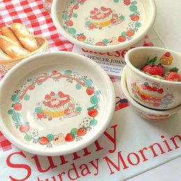 Bowls Cute Cream Colour Strawberry Ceramic Cutlery Ins Cartoon Dessert Breakfast Plate