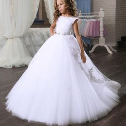Summer White Wedding Girls Dress Trailing Tulle Bridesmaid Kids Party Dresses for Girs Bow Evening Princess Gown 8 12 Years