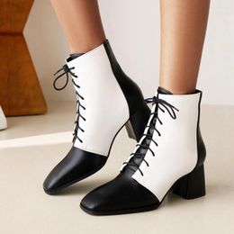 Boots Oversized Square Toe Thick Heel Women's Super High Tapered Cross Strap Short Plush Lining Retro