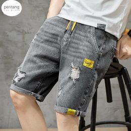 Men's Jeans Summer Beach Casual Men Shorts Straight Ripped Knee Length Denim Drawstring Loose Hole Male Short