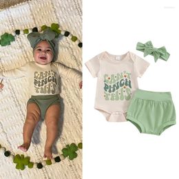 Clothing Sets FOCUSNORM 0-24M 3pcs Baby Girls Boys Clothes Short Sleeve Letter Clover Print Romper Tops Solid Shorts Hairband