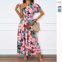 Hot selling Women's Summer New Sexy Diagonal Collar Print Bohemian Seaside Vacation Long Dress Dress