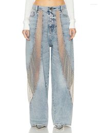 Women's Pants High-waisted Wide-leg Jeans Splicing See-through Mesh Laser Studded Drilling Washed Old 2024 Summer