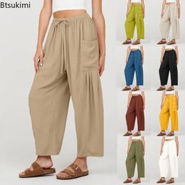 Women's Pants Summer Cargo Solid Casual Wide Leg Workout Loose Trousers Lady High Waist Drawstring Sweatpants