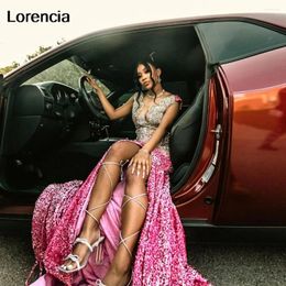 Party Dresses Lorencia Pink Mermaid Sequins Prom Dress High Slit For Black Girls Rhinestones Silver Beaded African Birthday Gown YPD155