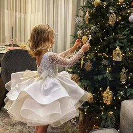 رسمية طويلة الأكمام من الدانتيل الترتر الزفاف الأميرة فستان مضيف عيد ميلاد المساء القوس الأطفال لباس فتاة العروس