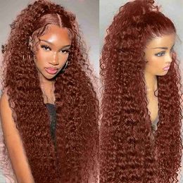 40 Inch Brazilian Glueless Reddish Brown Deep Wave Frontal Wig 250 Density Copper Red Curly Simulation Human Hair 13x4 HD Lace Fronta