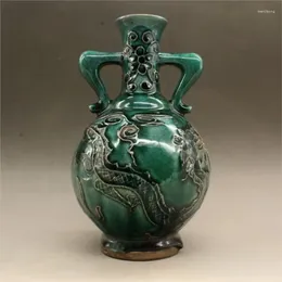 Vases Chinese Creative Green Glaze Carved Flower Pattern Vase Antique Ceramic Ornaments Household Decoration Double Ear LF566