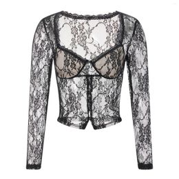 Women's Blouses Puloru Sexy Black Lace Floral Sheer Shirts Fashion Long Sleeve Low Cut Buttons Skinny Crop Top For Streetwear Daily Work