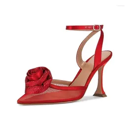 Dress Shoes Red Mesh Rhinestone Flower Flared Heel Ankle Strap Pumps For Women