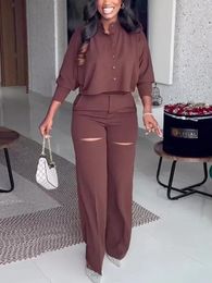 Women's Two Piece Pants Women Fall Pant Sets 2 Outfits Elegant Buttons Up Cropped Shirt Tops And Thigh Slit Straight Office Lady Suits Brown