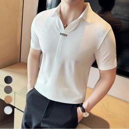 High-Grade Ice Silk Seamless Adhesive Polo Shirt High-Elastic V-neck Thin Waffle Short-Sleeved Golf Shirt T-shirt 240418