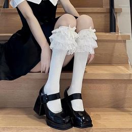 Women Socks Lolita Kawaii Ruffle Stockings Cute Bow Sweet Girls Knee Japanese Style Black White Long