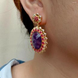 Stud Earrings YYGEM Natural Purple Amethyst Oval Shape Cubic Zirconia Pave Bezel Set Dangle