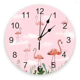 Wall Clocks Flamingo Pink Clouds Flower Bedroom Clock Large Modern Kitchen Dinning Round Living Room Watch Home Decor