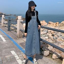 Casual Dresses Spring Autumn 2024 Korean Vintage Denim Strap Dress Women's Loose Cowboy Sleeveless With Pocket Clothing Female